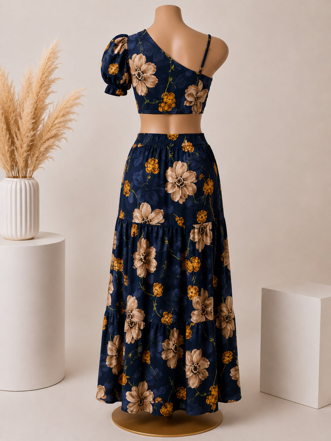 Midnight Bloom One-Shoulder Two-Piece Maxi Skirt Set – Navy Blue Floral image 1