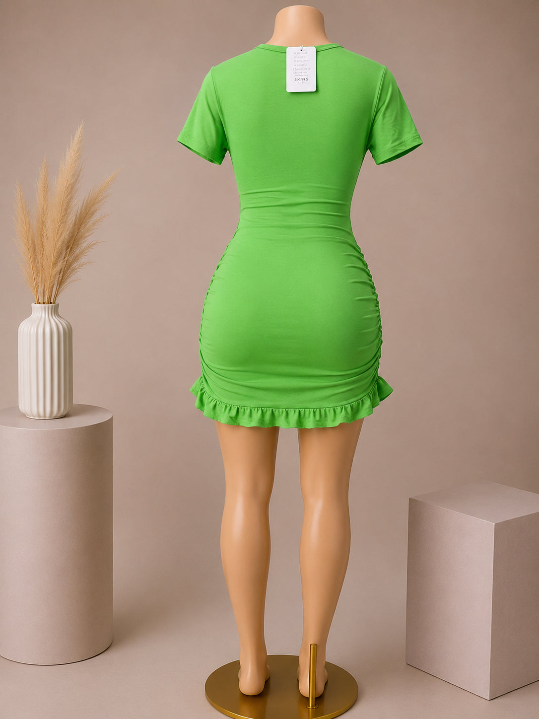Lime Green Cut-Out Ruched Mini Dress – Back View Description: image 1