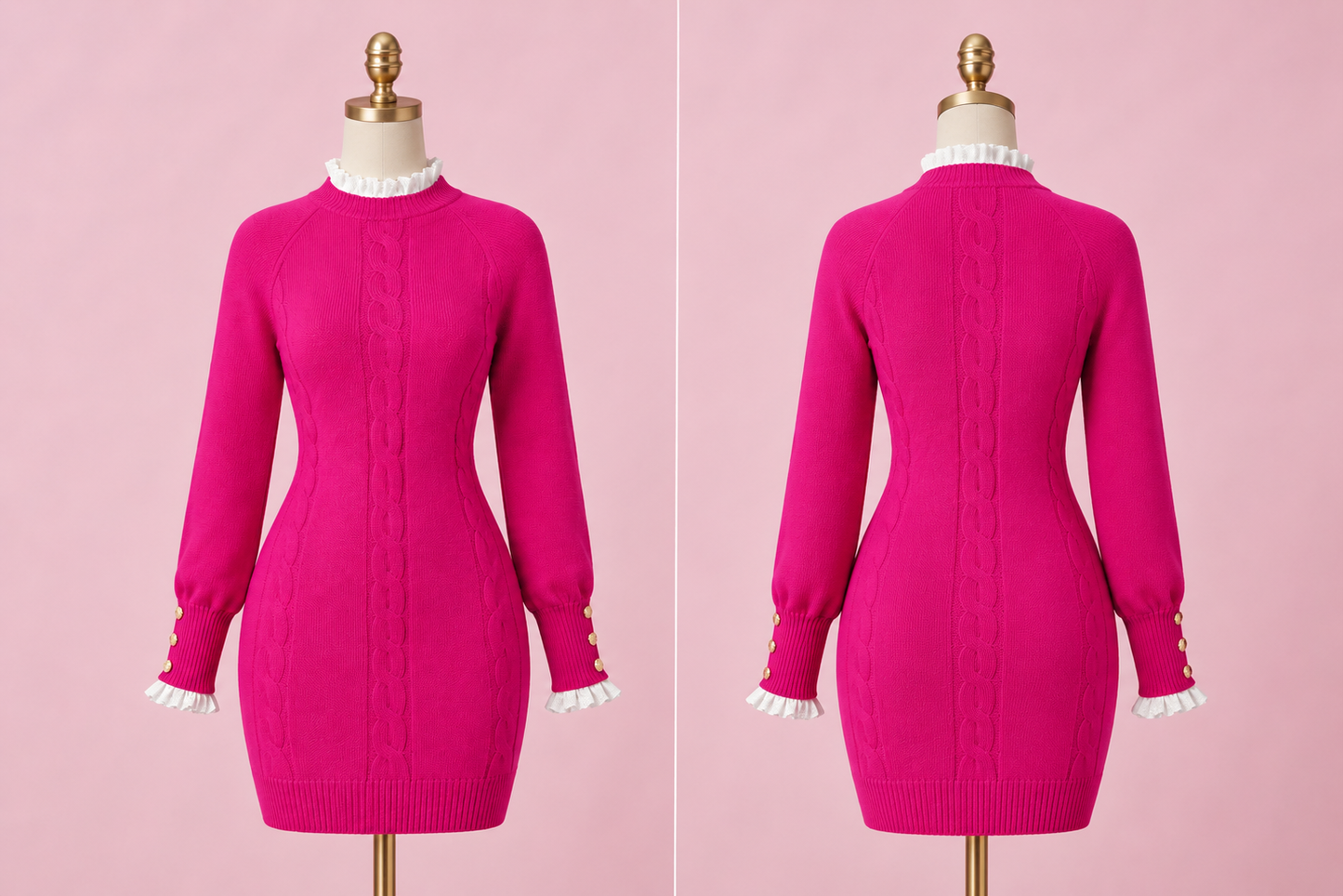 Women's Cable Knit Long Sleeve Bodycon Sweater Dress – Hot pink
