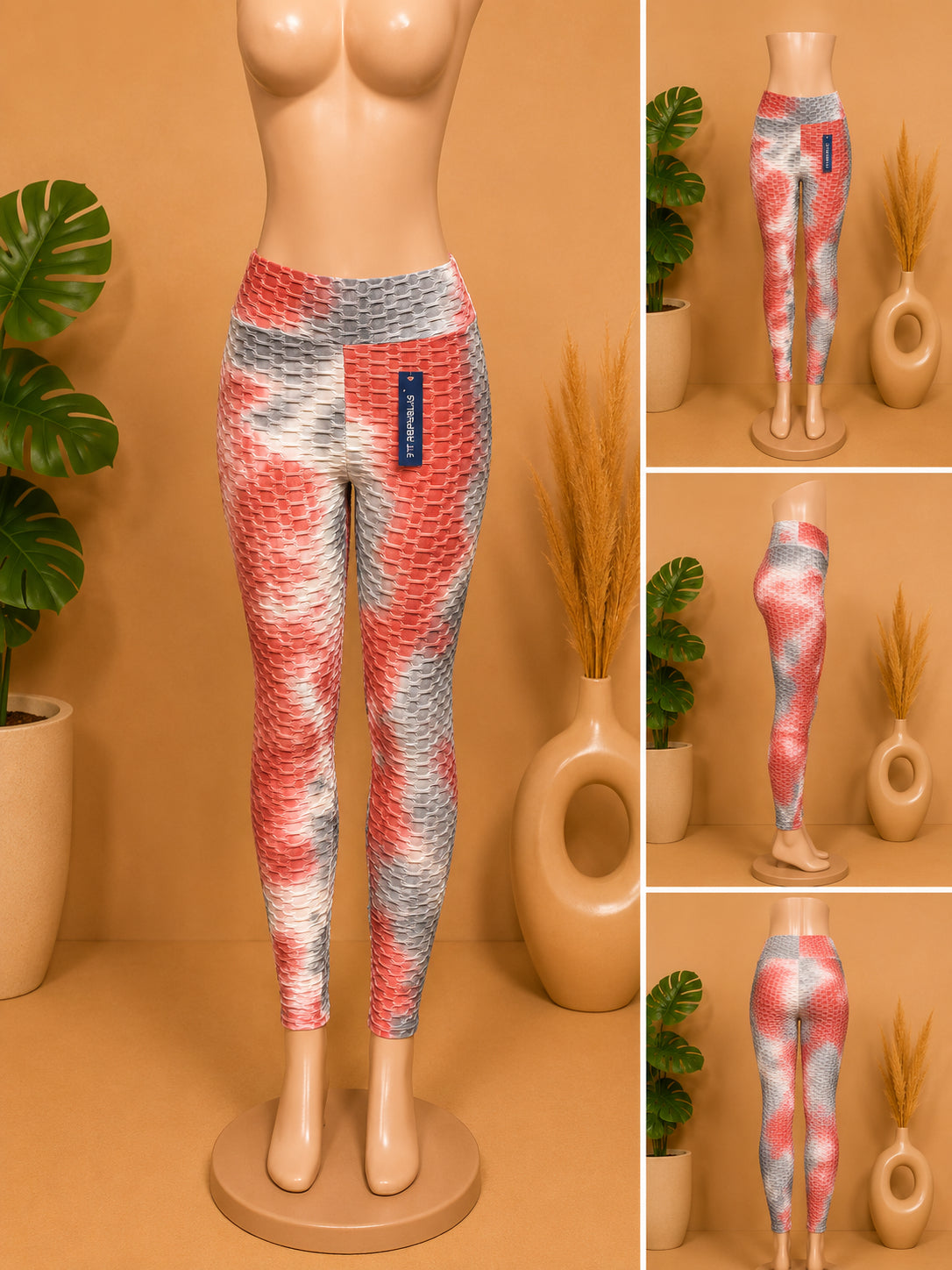Women’s High-Waisted Textured Tie-Dye Scrunch Leggings – Coral & Gray image 1