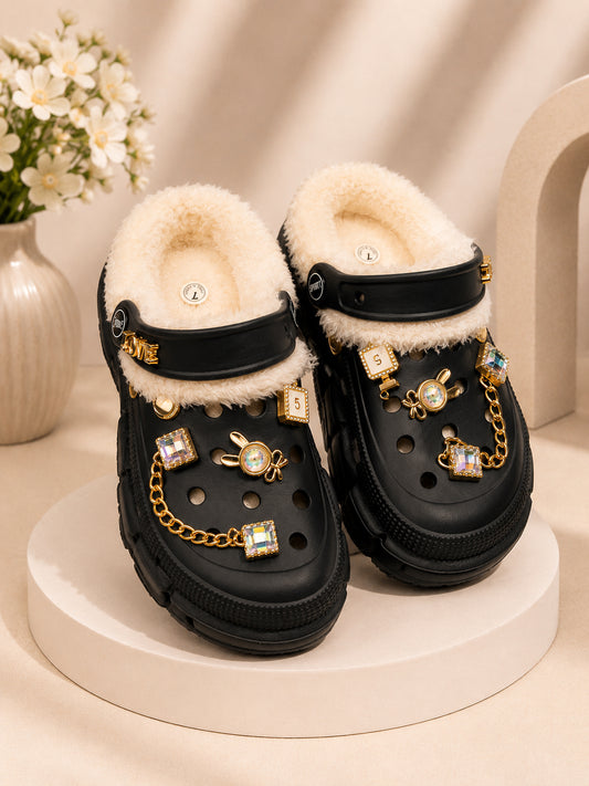 Women’s Black Faux Fur Lined Clogs with Gold Charms – Cozy Winter Slip-On Shoes image 0