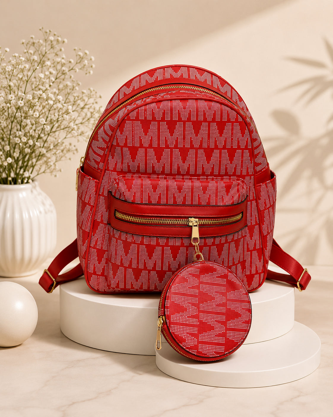 Elegant Two-Tone Backpack Set with Matching Round Pouch image 6