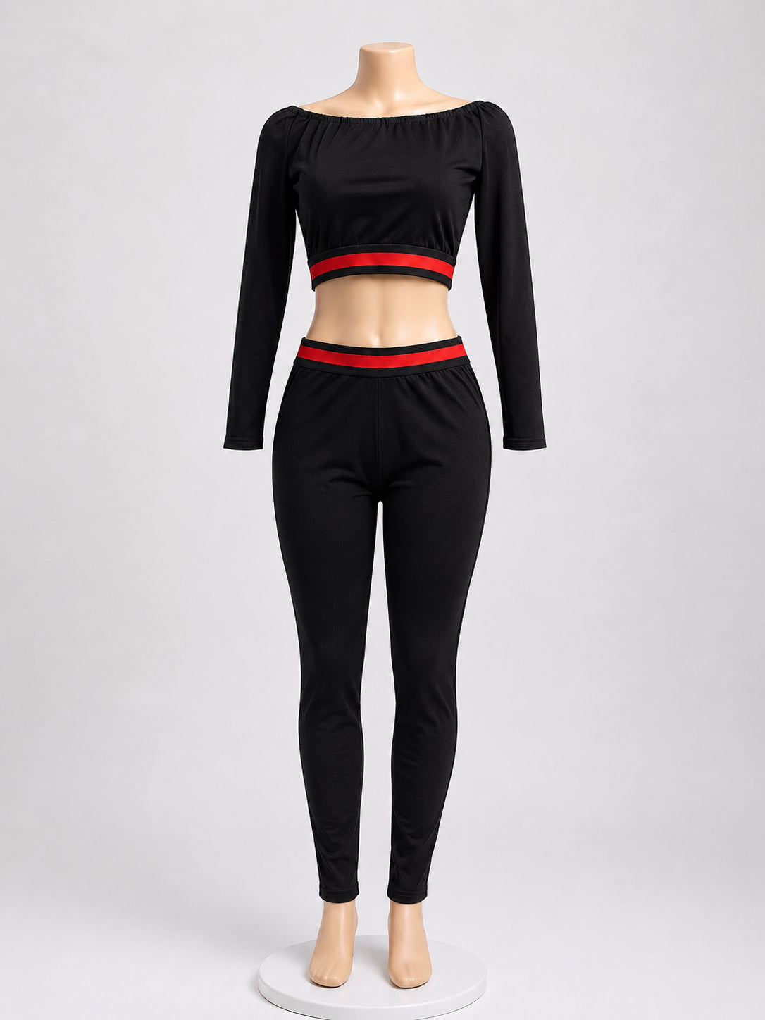 Women’s Black Two-Piece Lounge Set – Off-Shoulder Long Sleeve Crop Top & High-Wa image 0