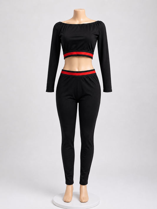 Women’s Black Two-Piece Lounge Set – Off-Shoulder Long Sleeve Crop Top & High-Wa image 0