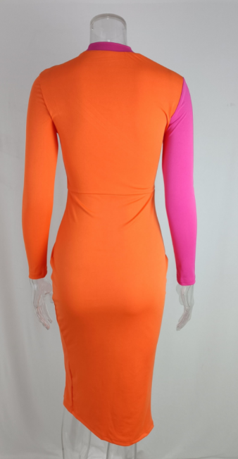 Bodycon Dress women Fall Long Sleeve color Block patchwork zipper split midi one image 1