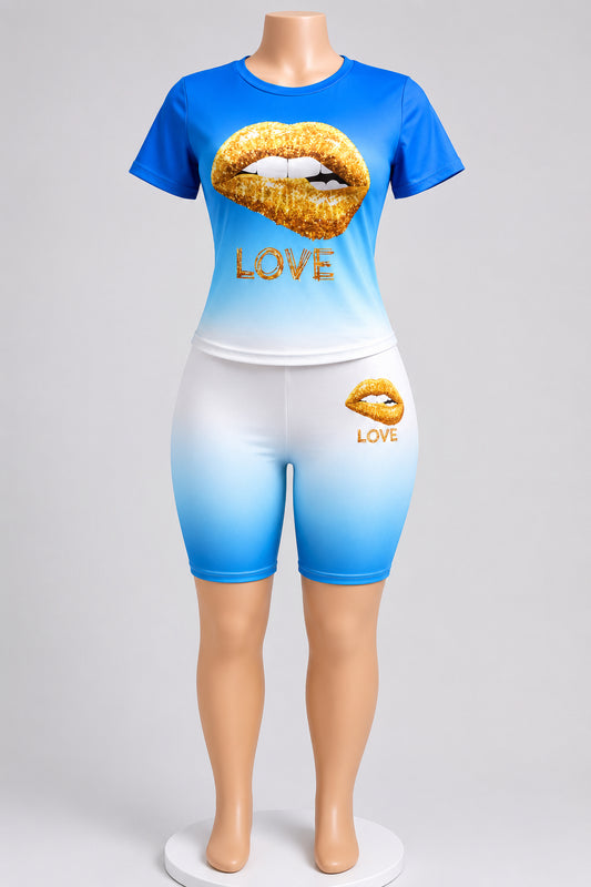 Women’s Blue Ombre 2-Piece Short Set – Graphic Lip Print T-Shirt & Biker Shorts  image 0