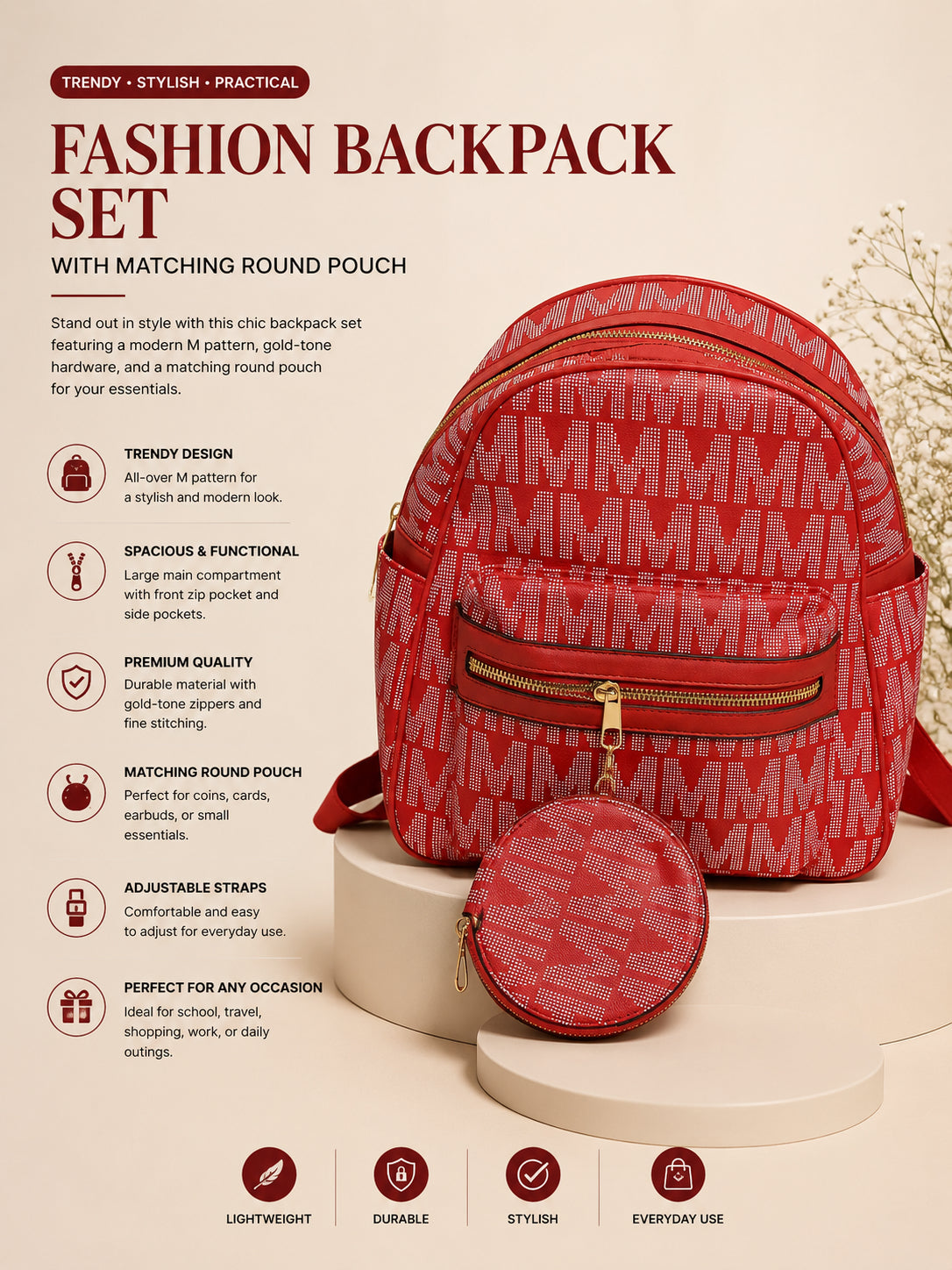 Elegant Two-Tone Backpack Set with Matching Round Pouch image 5