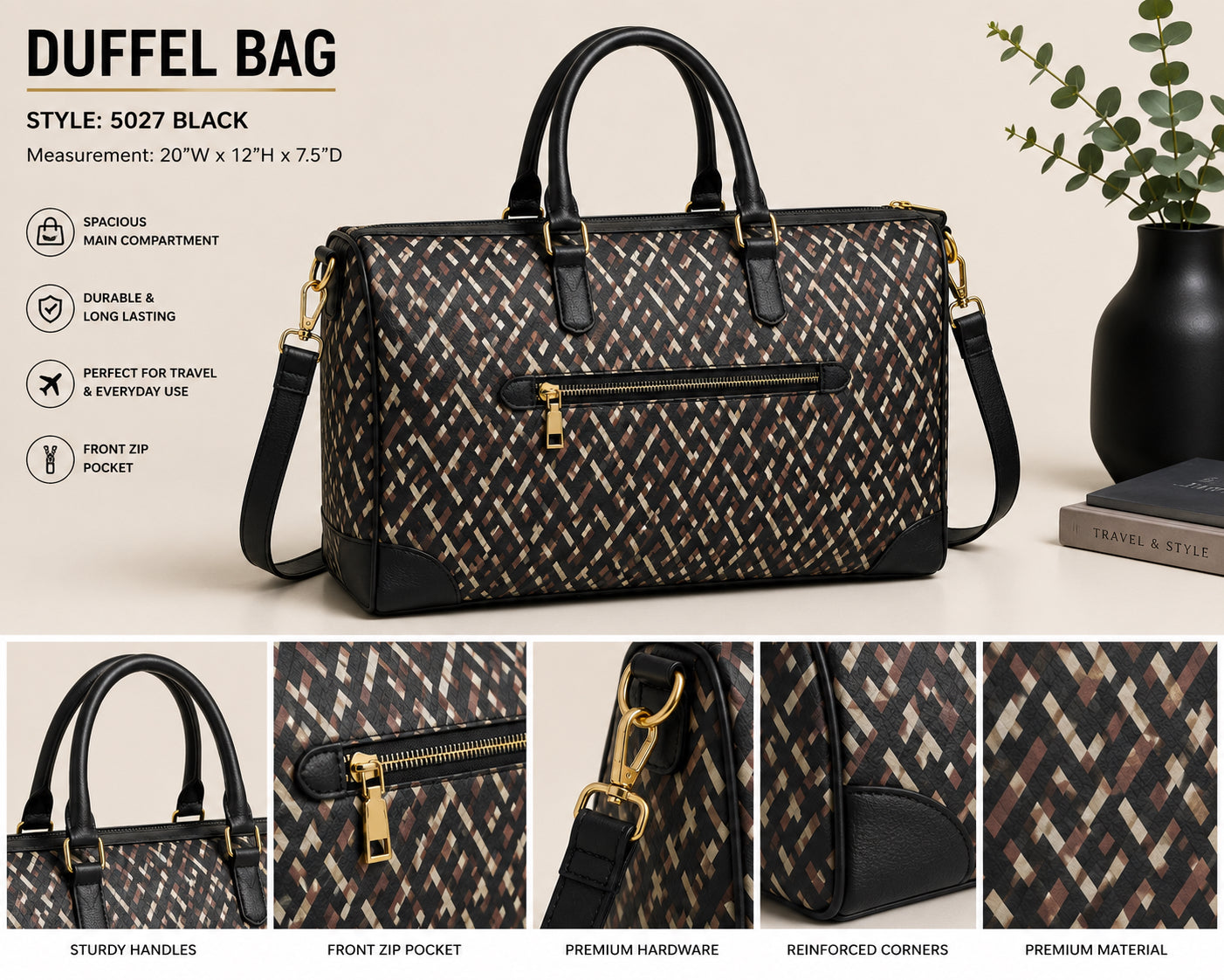 Luxury Patterned Travel Duffel Bag – Large Weekender Carry-On Bag image 0