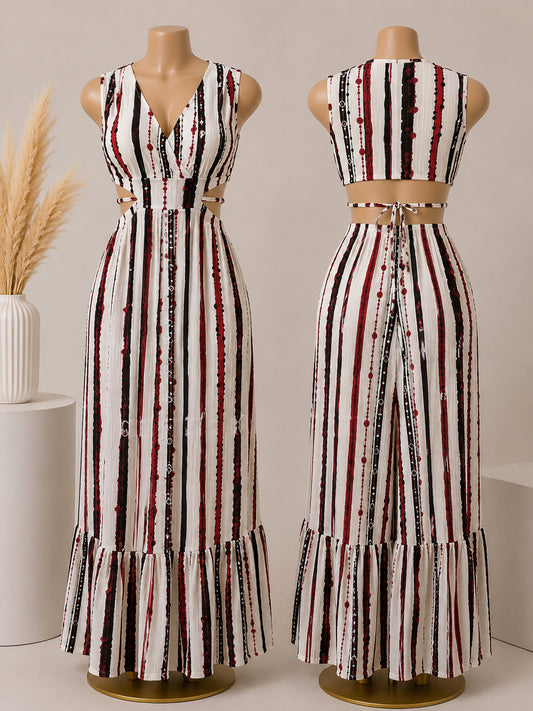 Elegant Striped Two-Piece Maxi Set – White & Burgundy image 0