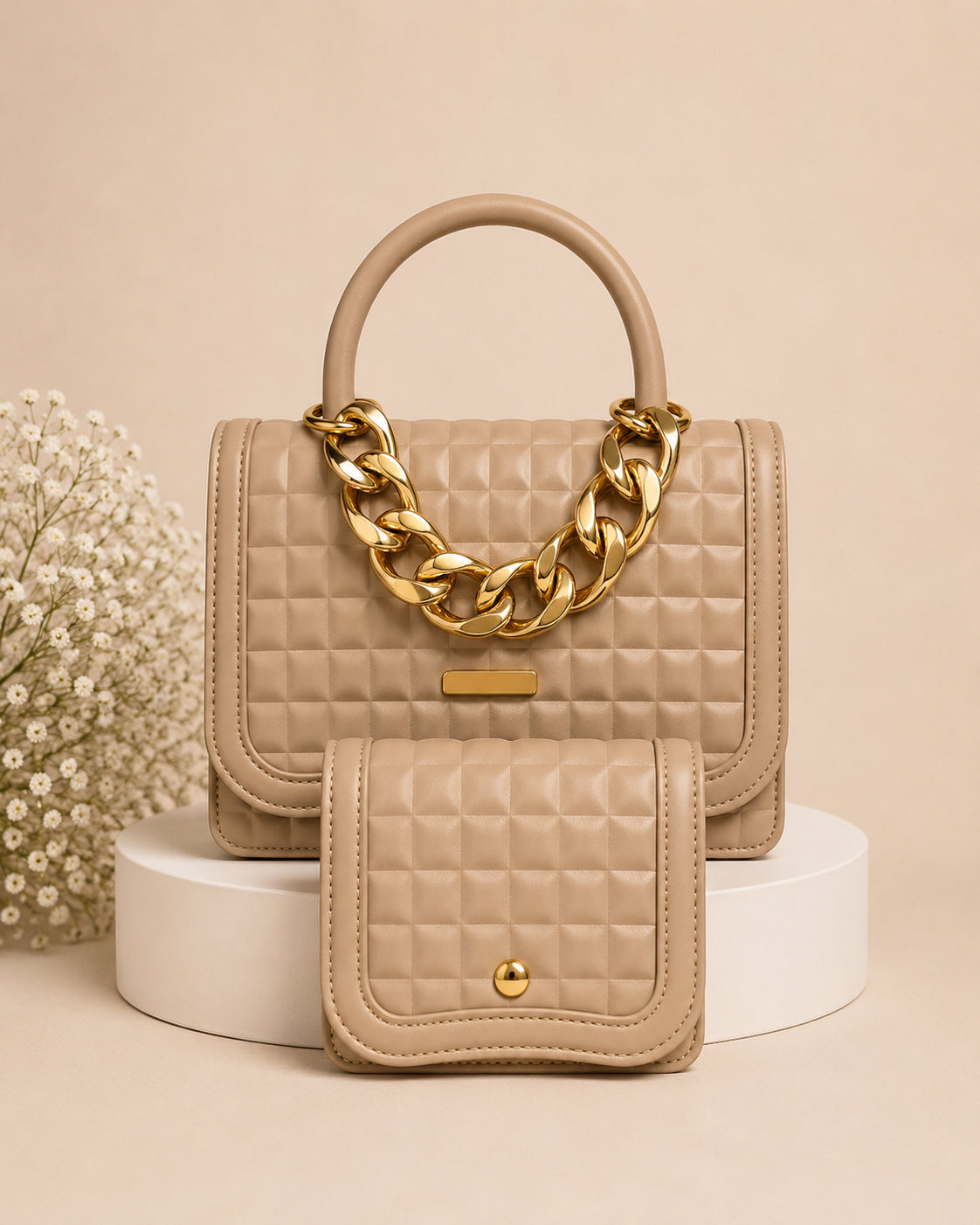 Luxury Quilted Top Handle Handbag Set with Matching Wallet – Beige image 1