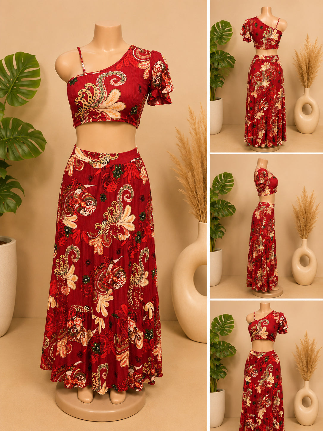 Women’s Boho One-Shoulder Crop Top & Maxi Skirt 2-Piece Set – Red Paisley Print image 0
