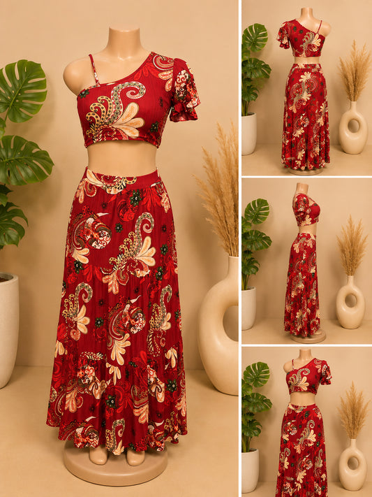 Women’s Boho One-Shoulder Crop Top & Maxi Skirt 2-Piece Set – Red Paisley Print image 0