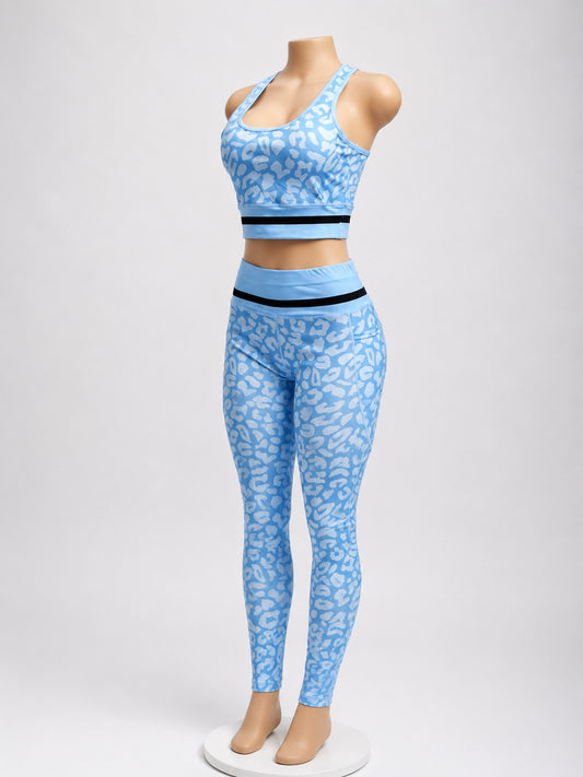 Sky Blue Leopard Print Sports Bra & High-Waist Leggings Set – Women’s 2-Piece Ac image 0