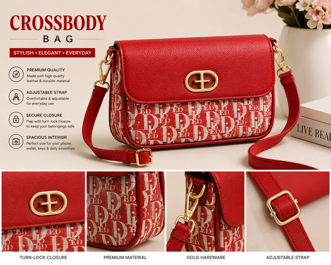 Luxury Black Monogram Crossbody Bag – Elegant Gold Lock Shoulder Purse for Women image 0