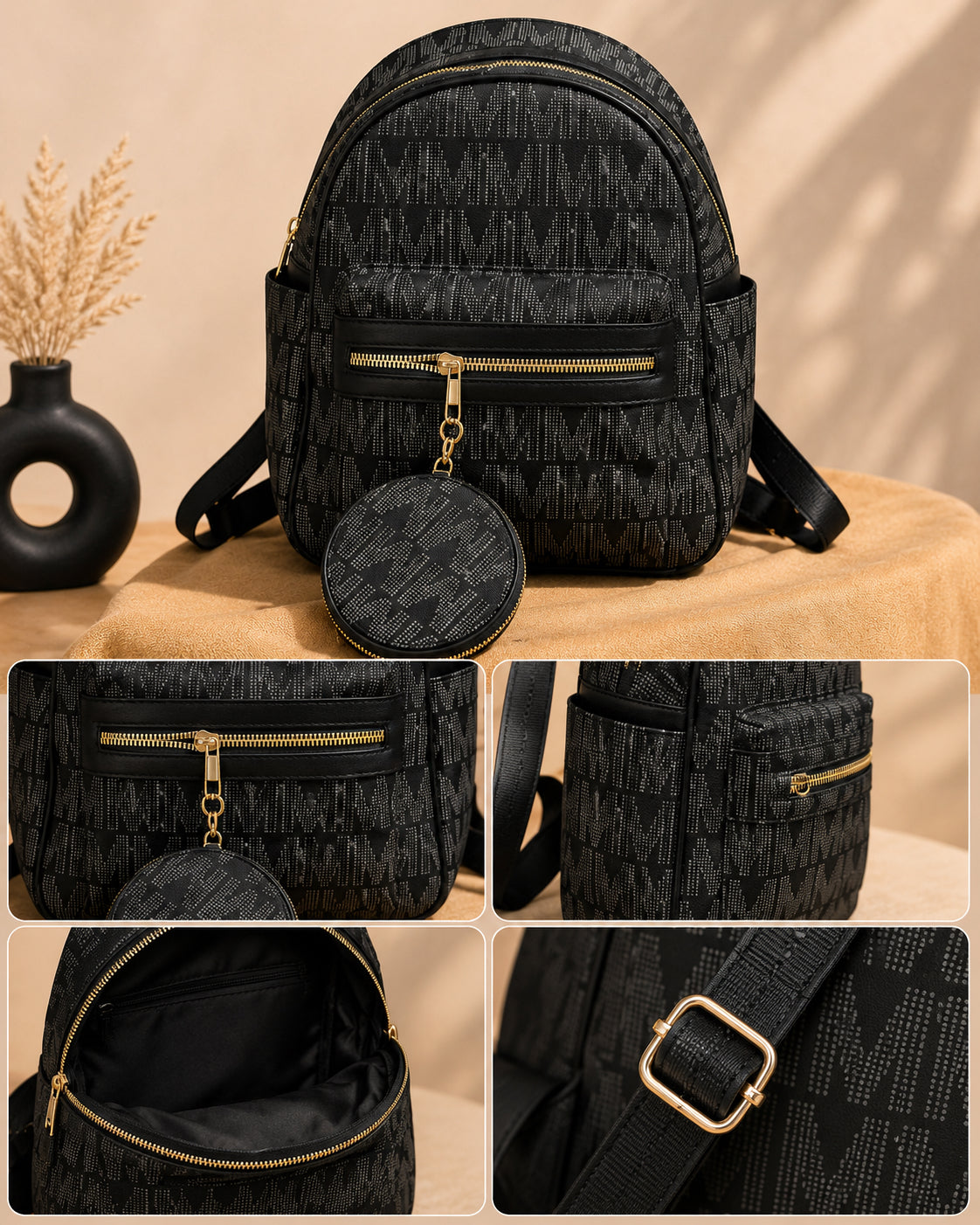 Elegant Two-Tone Backpack Set with Matching Round Pouch image 2