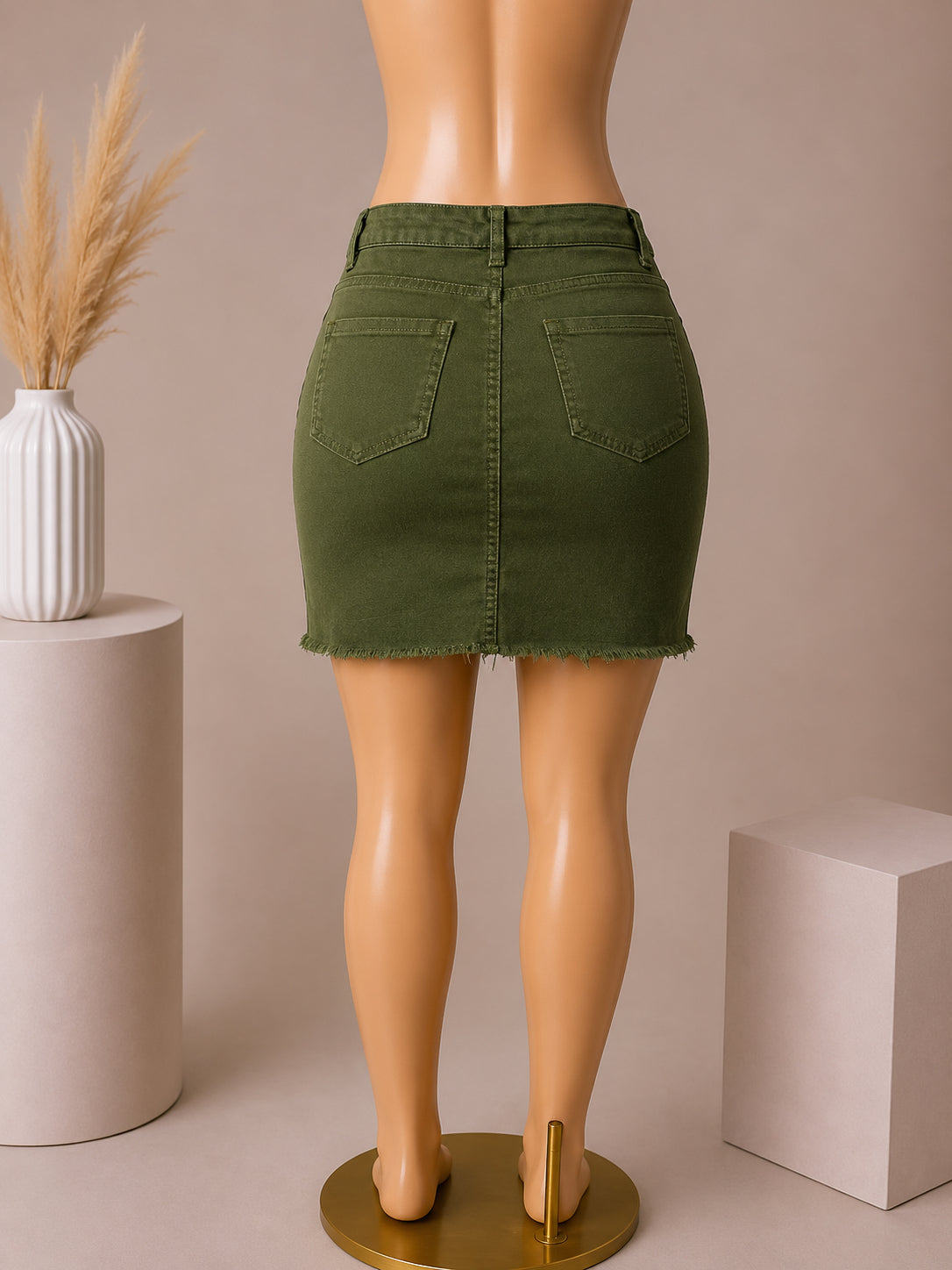 Olive Distressed Denim Mini Skirt – Back View image 1
