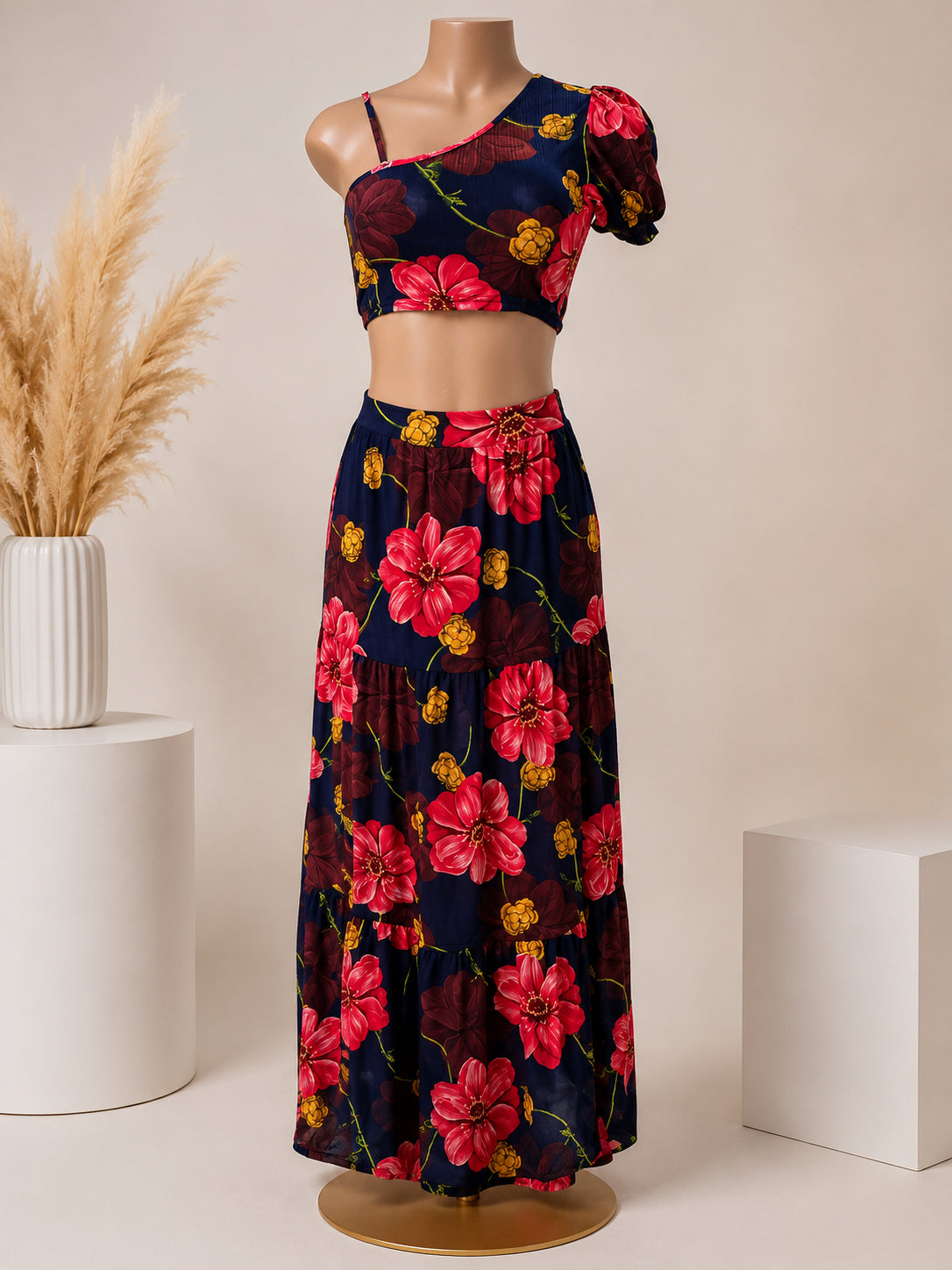 Floral One-Shoulder Two-Piece Maxi Skirt Set image 0
