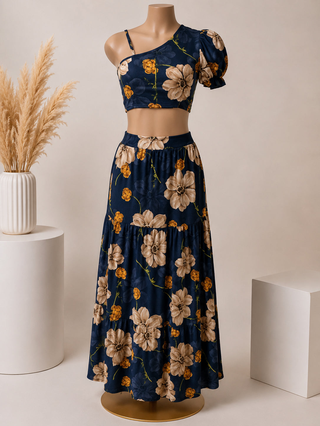 Midnight Bloom One-Shoulder Two-Piece Maxi Skirt Set – Navy Blue Floral  image 0