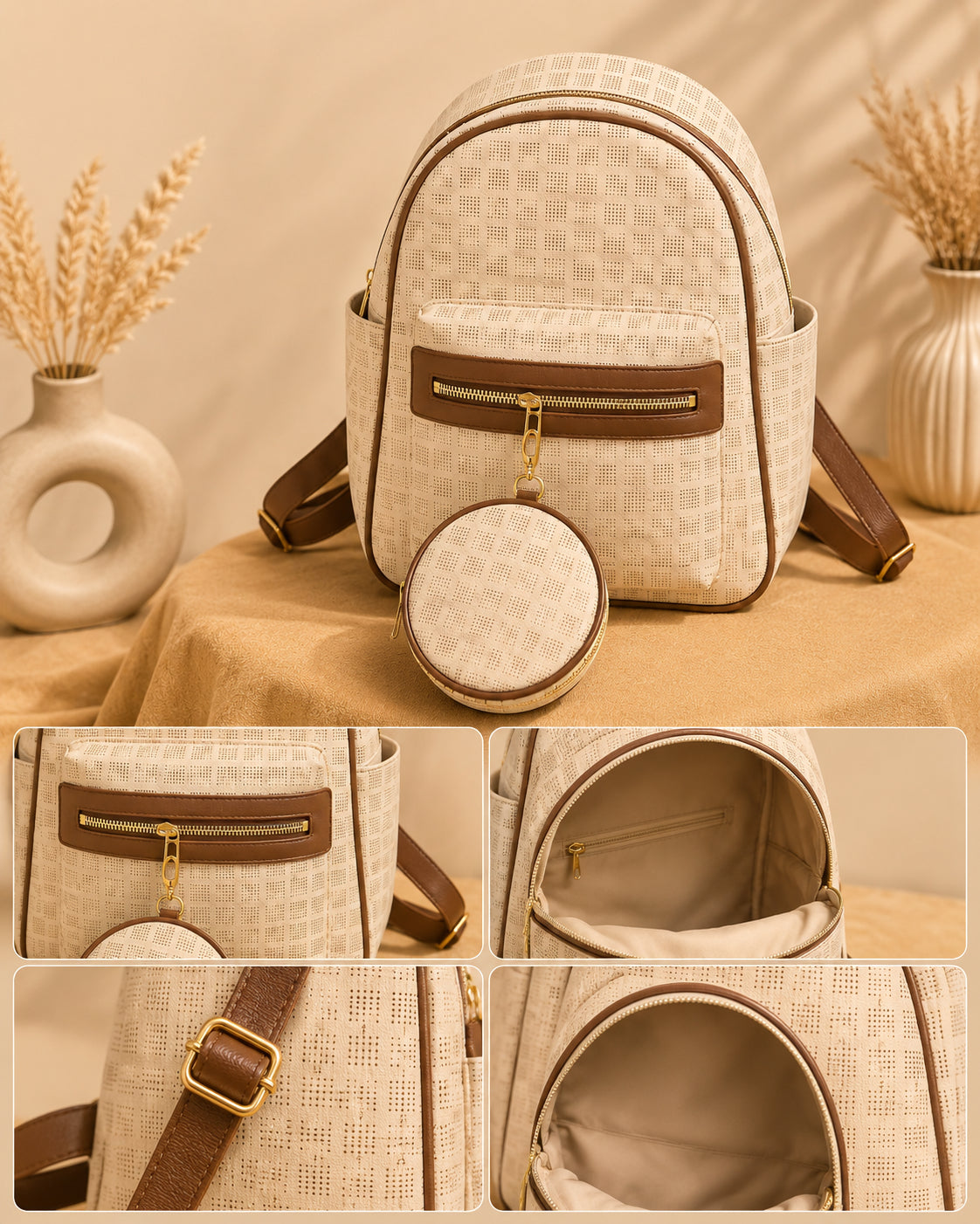 Elegant Two-Tone Backpack Set with Matching Round Pouch image 11