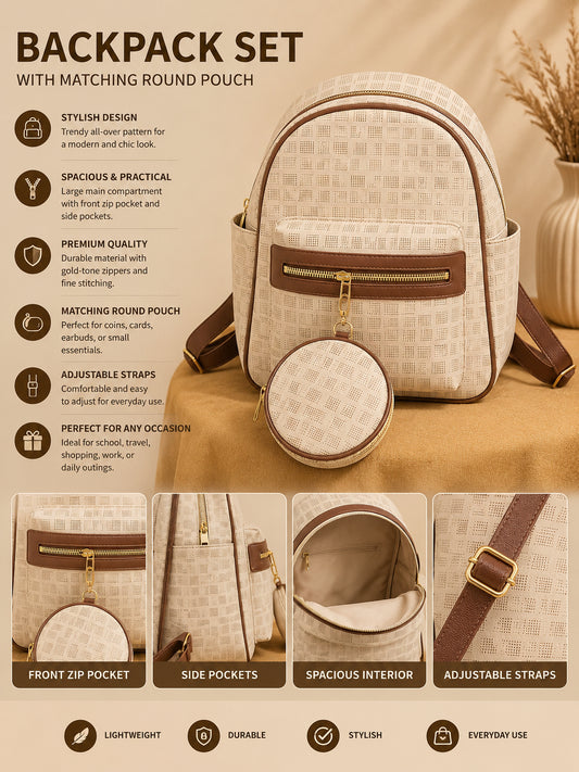 Elegant Two-Tone Backpack Set with Matching Round Pouch image 0