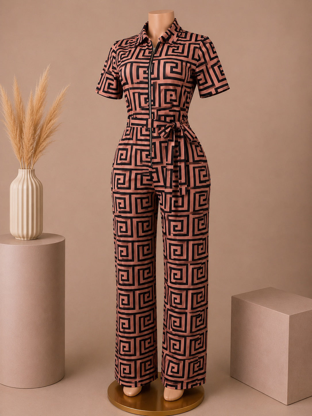 Women’s Geometric Print Belted Jumpsuit – Blush Pink & Black image 0