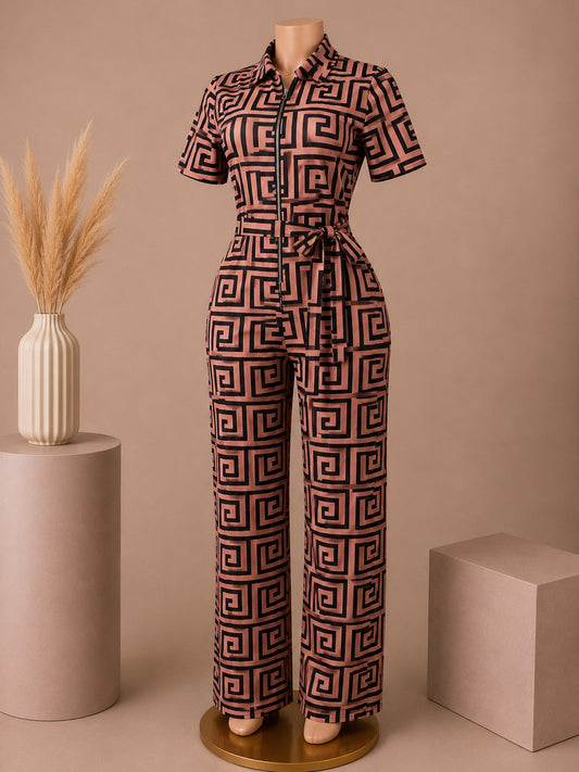 Women’s Geometric Print Belted Jumpsuit – Blush Pink & Black image 0