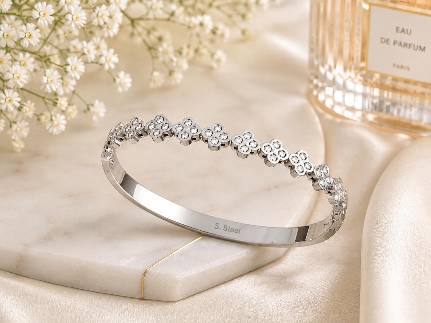 Silver Stainless Steel Crystal Flower Bangle Bracelet