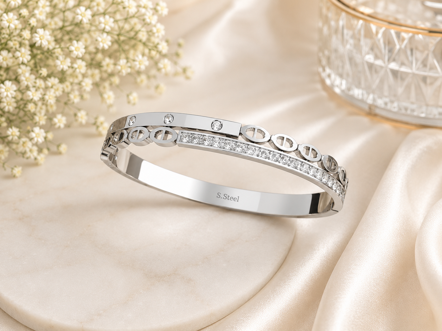Silver Stainless Steel Crystal Bangle Bracelet | Love-Inspired Cuff | Giftiizstore