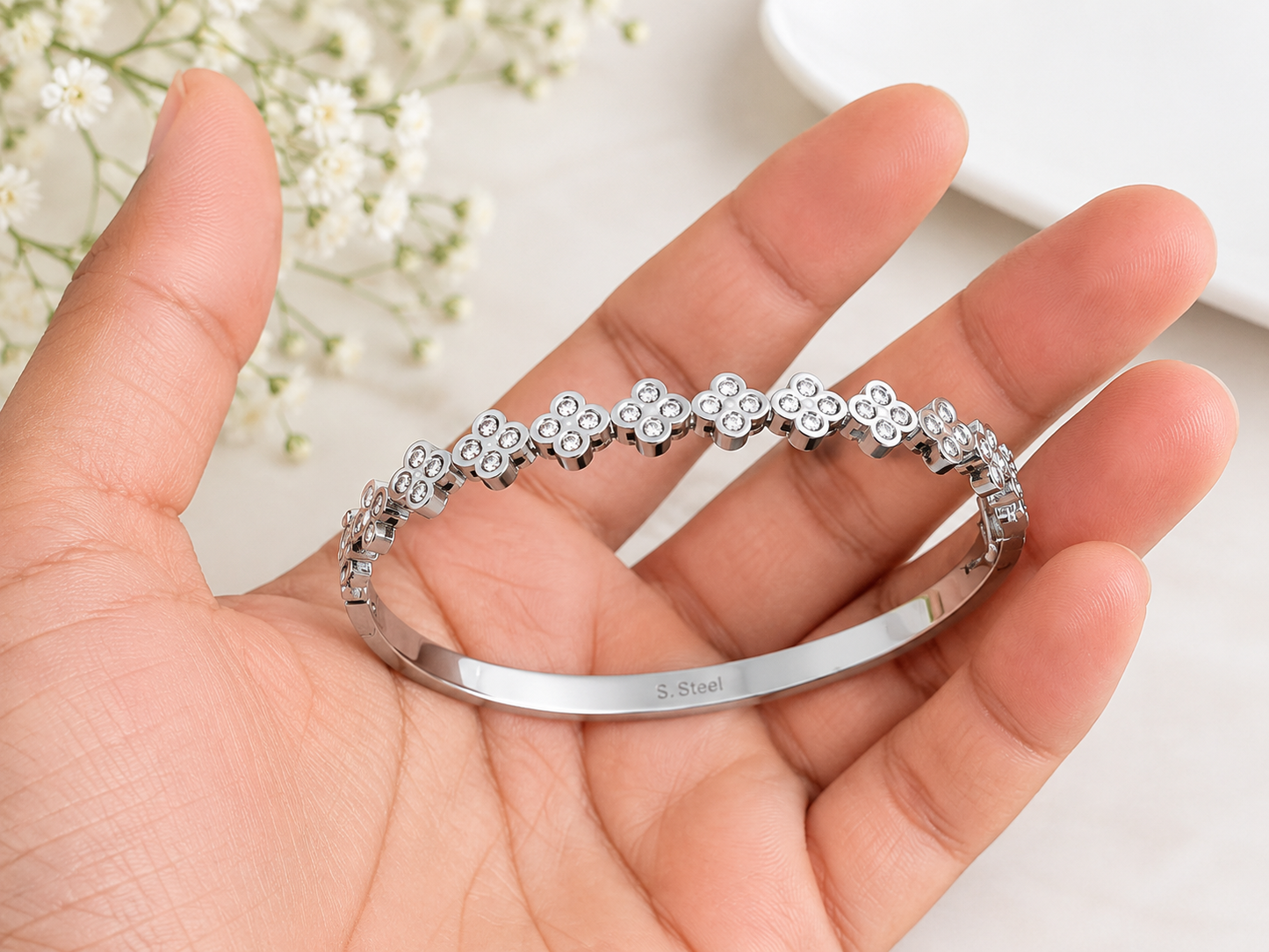 Silver Stainless Steel Crystal Flower Bangle Bracelet