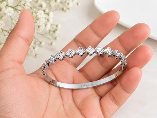 Silver Stainless Steel Crystal Flower Bangle Bracelet