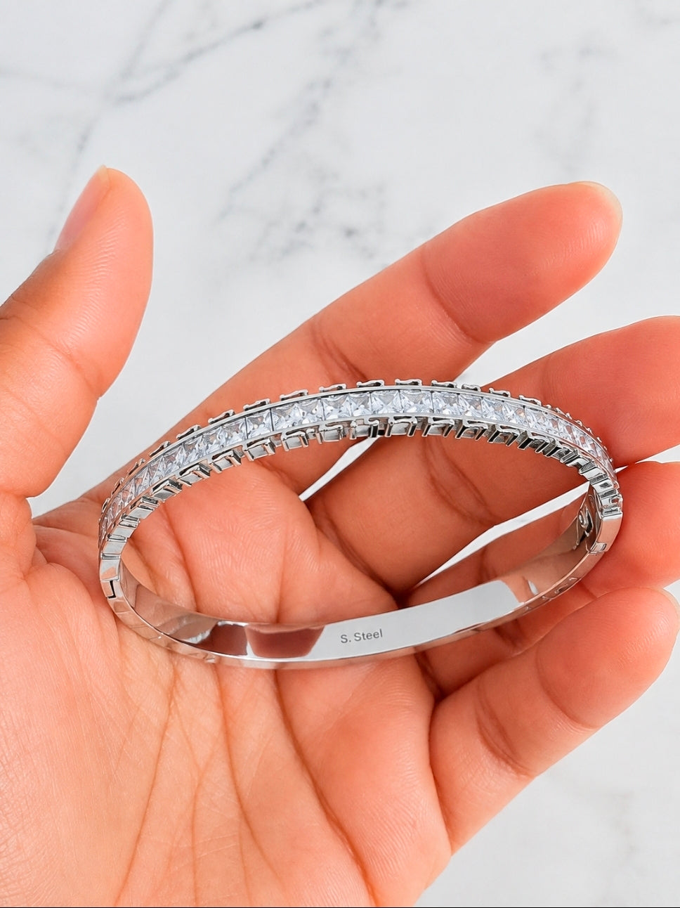 Silver Stainless Steel Crystal Tennis Bangle Bracelet | Elegant Sparkling Cuff