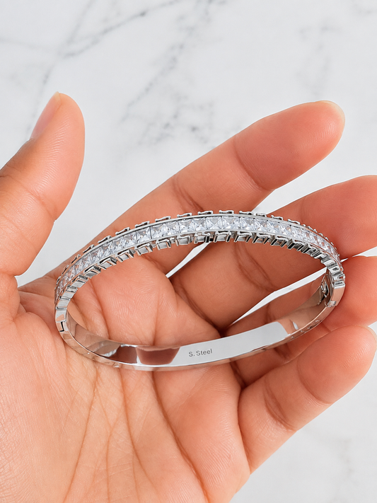 Silver Stainless Steel Crystal Tennis Bangle Bracelet | Elegant Sparkling Cuff