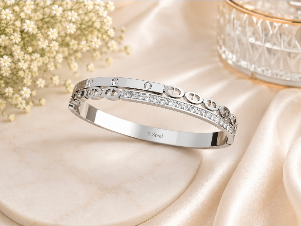 Silver Stainless Steel Crystal Bangle Bracelet | Love-Inspired Cuff | Giftiizstore