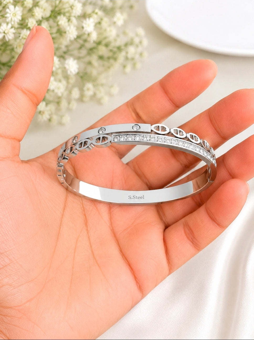 Silver Stainless Steel Crystal Bangle Bracelet | Love-Inspired Cuff | Giftiizstore