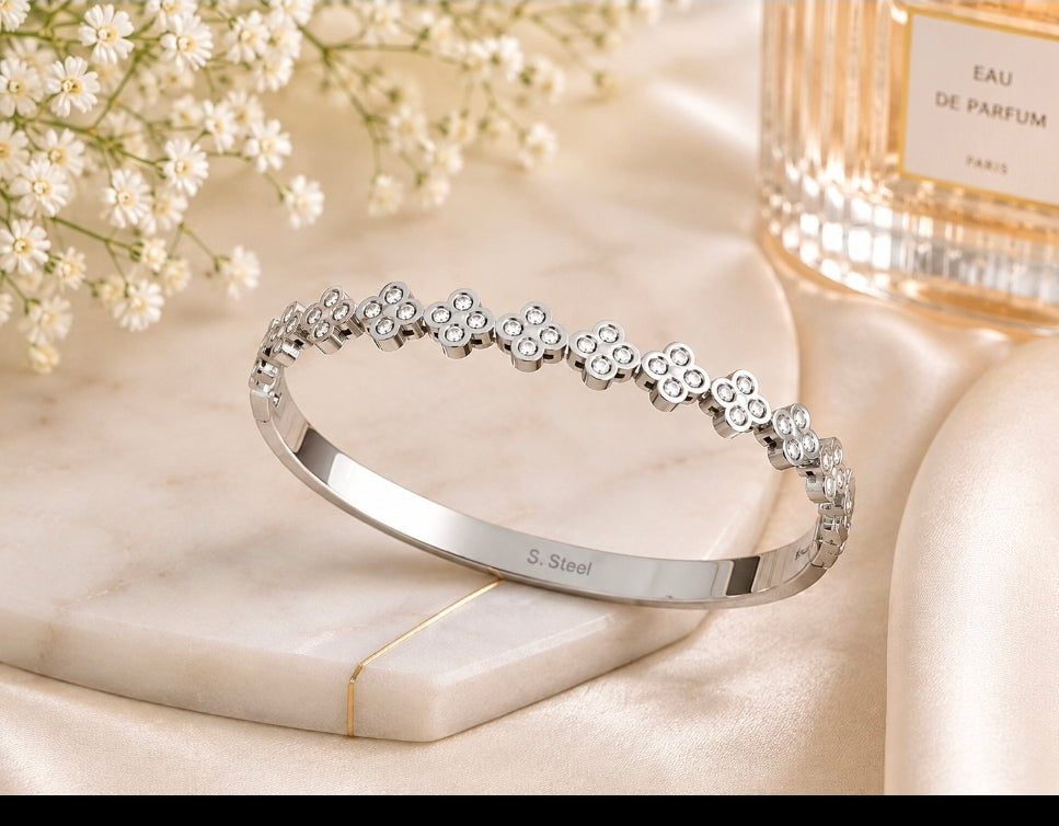 Silver Stainless Steel Crystal Flower Bangle Bracelet