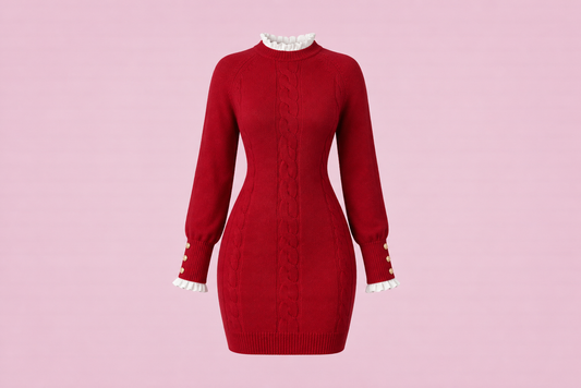 Women's Cable Knit Long Sleeve Bodycon Sweater Dress – Red