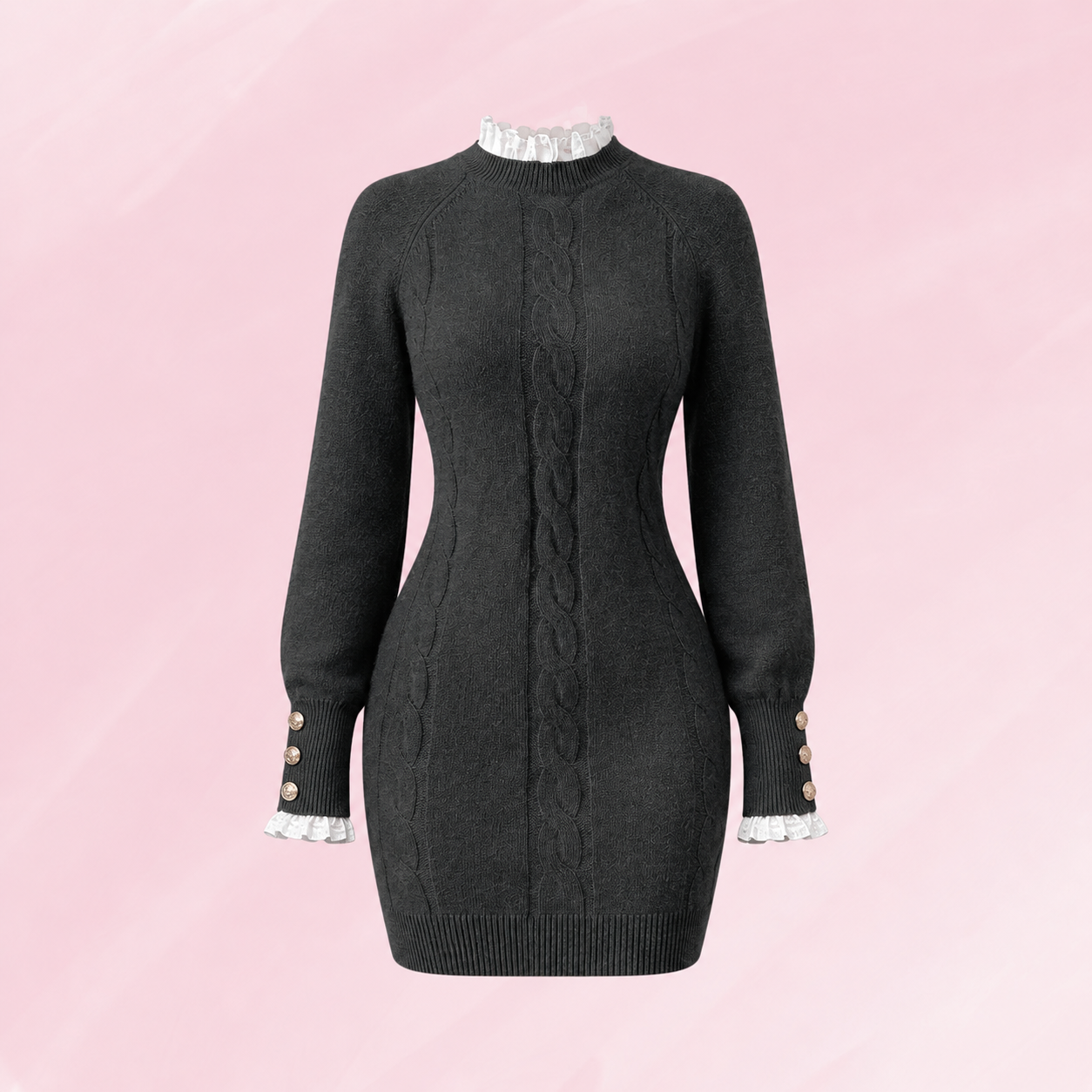 Women's Cable Knit Long Sleeve Bodycon Sweater Dress- Gray