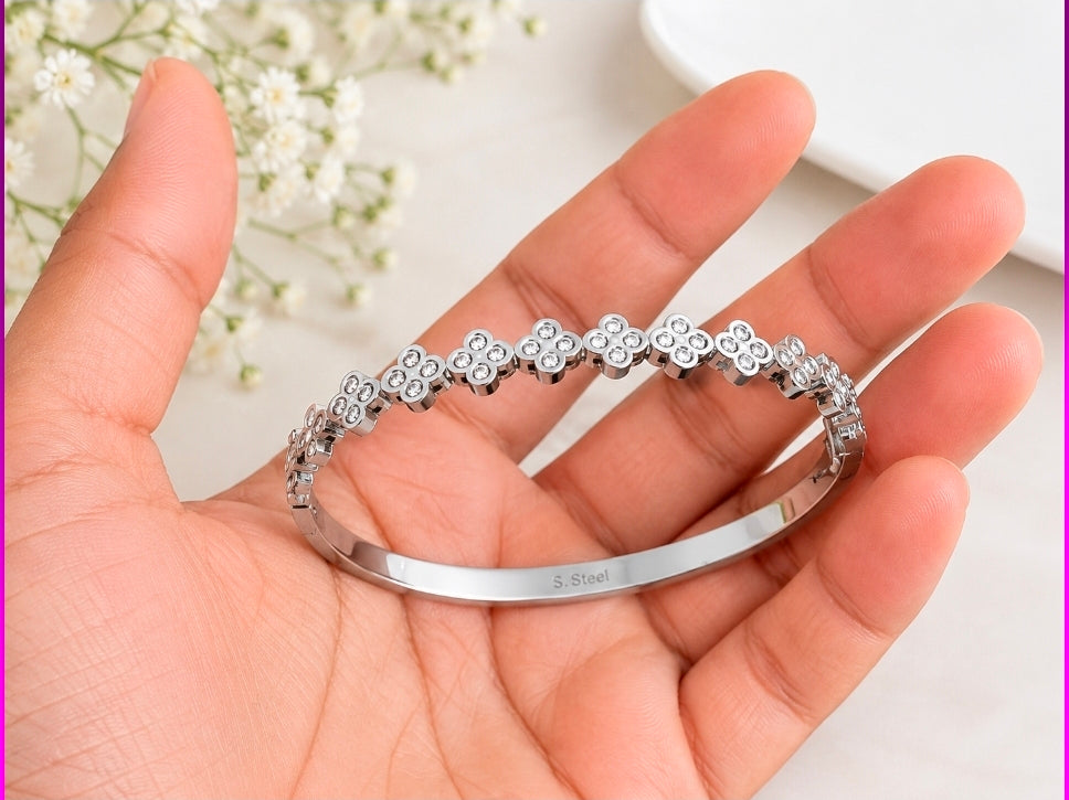 Silver Stainless Steel Crystal Flower Bangle Bracelet