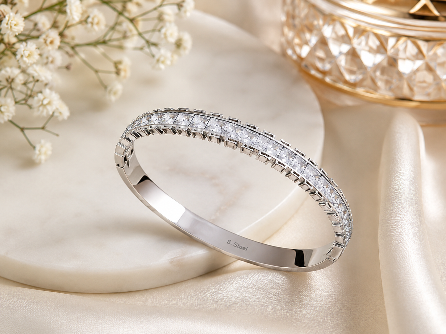 Silver Stainless Steel Crystal Tennis Bangle Bracelet | Elegant Sparkling Cuff