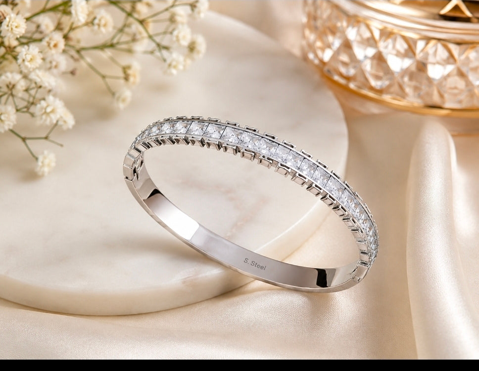 Silver Stainless Steel Crystal Tennis Bangle Bracelet | Elegant Sparkling Cuff
