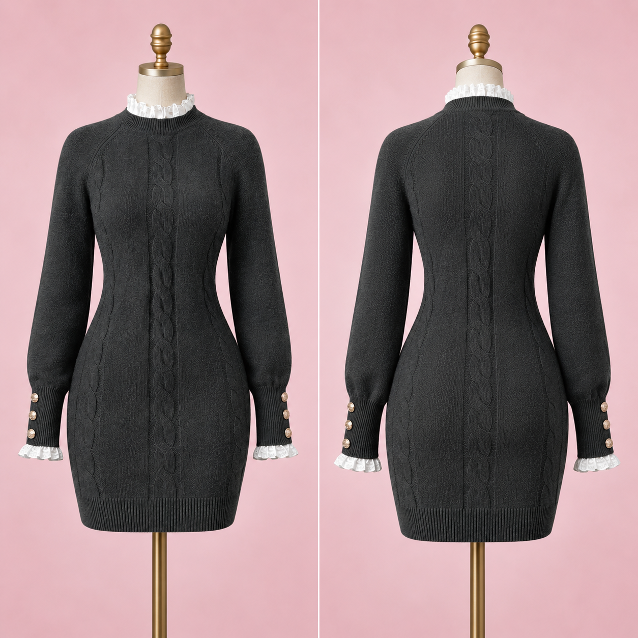 Women's Cable Knit Long Sleeve Bodycon Sweater Dress- Gray